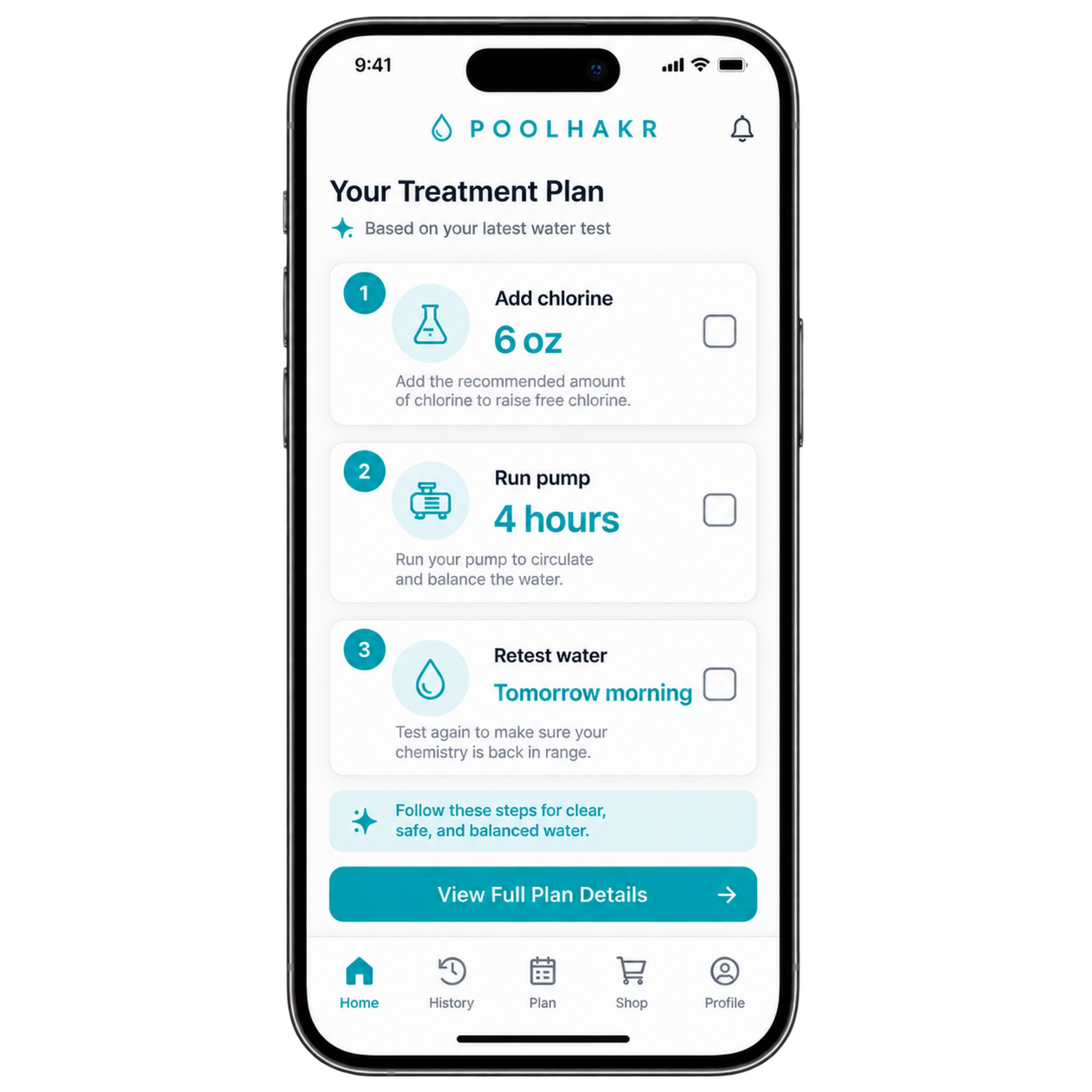 PoolHakr treatment plan screen with step by step actions